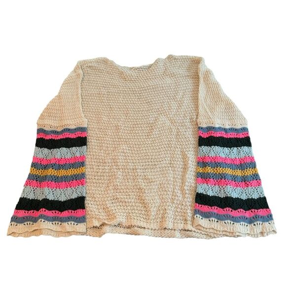 Striped Sleeve Sweater Size XL Loose Knit Rainbow Color - Picture 2 of 10